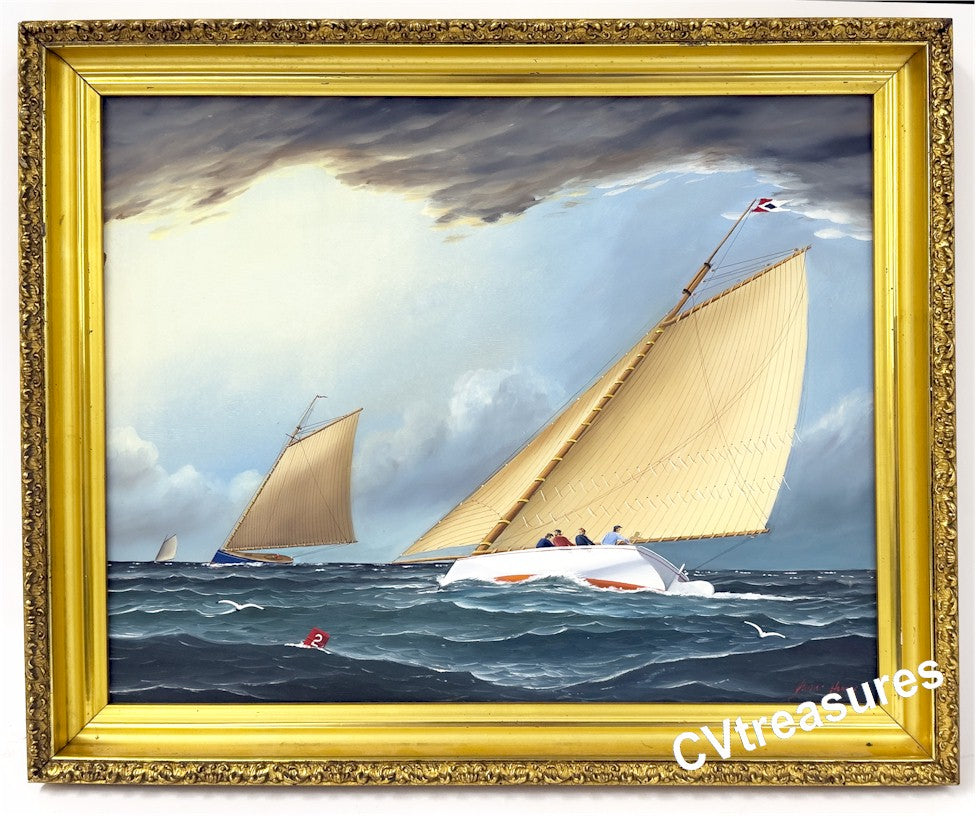 Nautical Art Seascape STUNNING Schooner Oil Marine Painting Jerome Howes luminous Sails ominous clouds 3