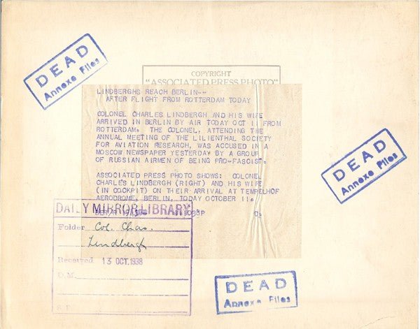 Charles Lindbergh - Historic Wire Service photo 1938 - 3