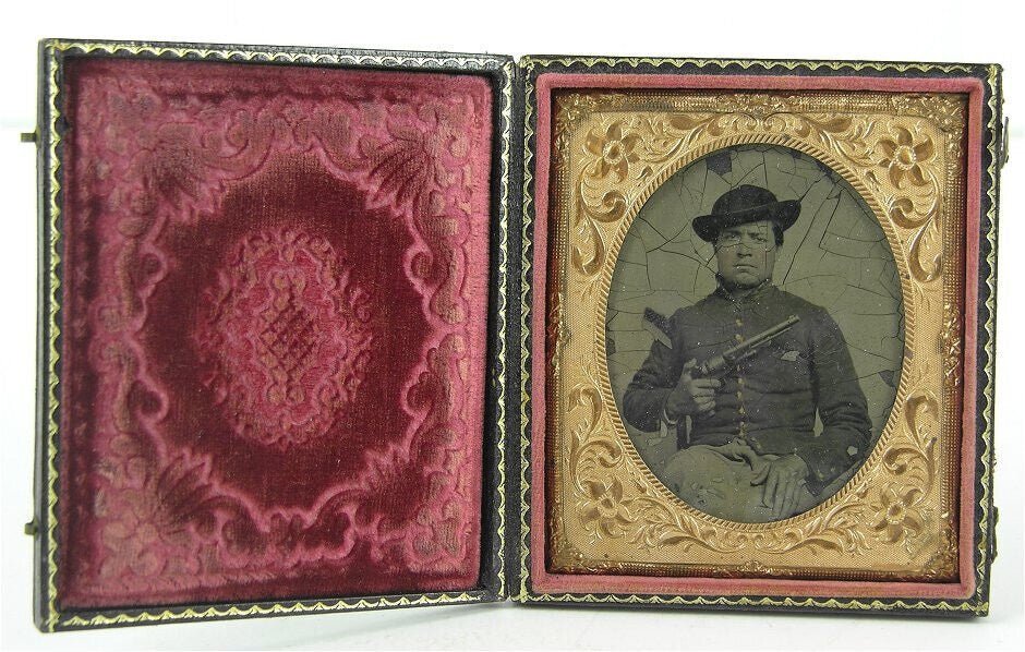 Civil War Historical Tintype Photo Of Union Soldier Displaying A Massive Revolver 1860s