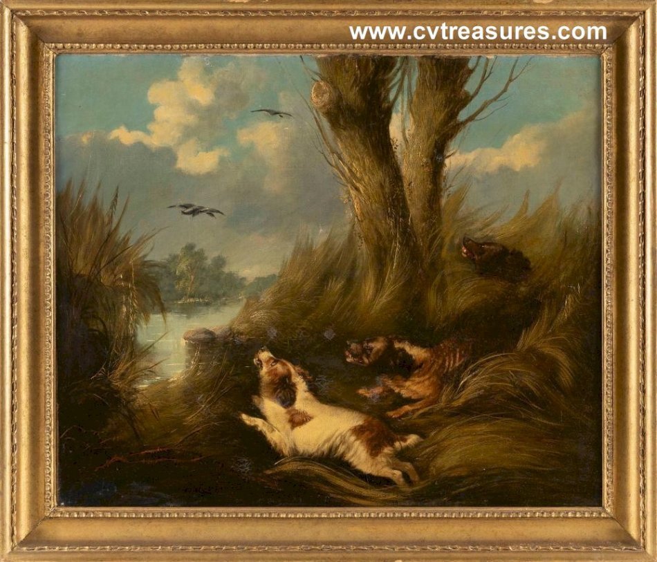 George Armfield Antique Vintage Oil Canvas Painting Hunting Bird Dog Canine Artwork authentic