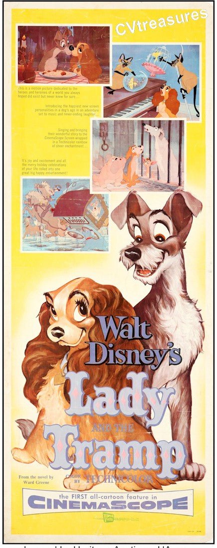 Lady and the Tramp Disney Original Authentic Vintage Movie Theater Poster INSERT, NICE Disney ART 1955