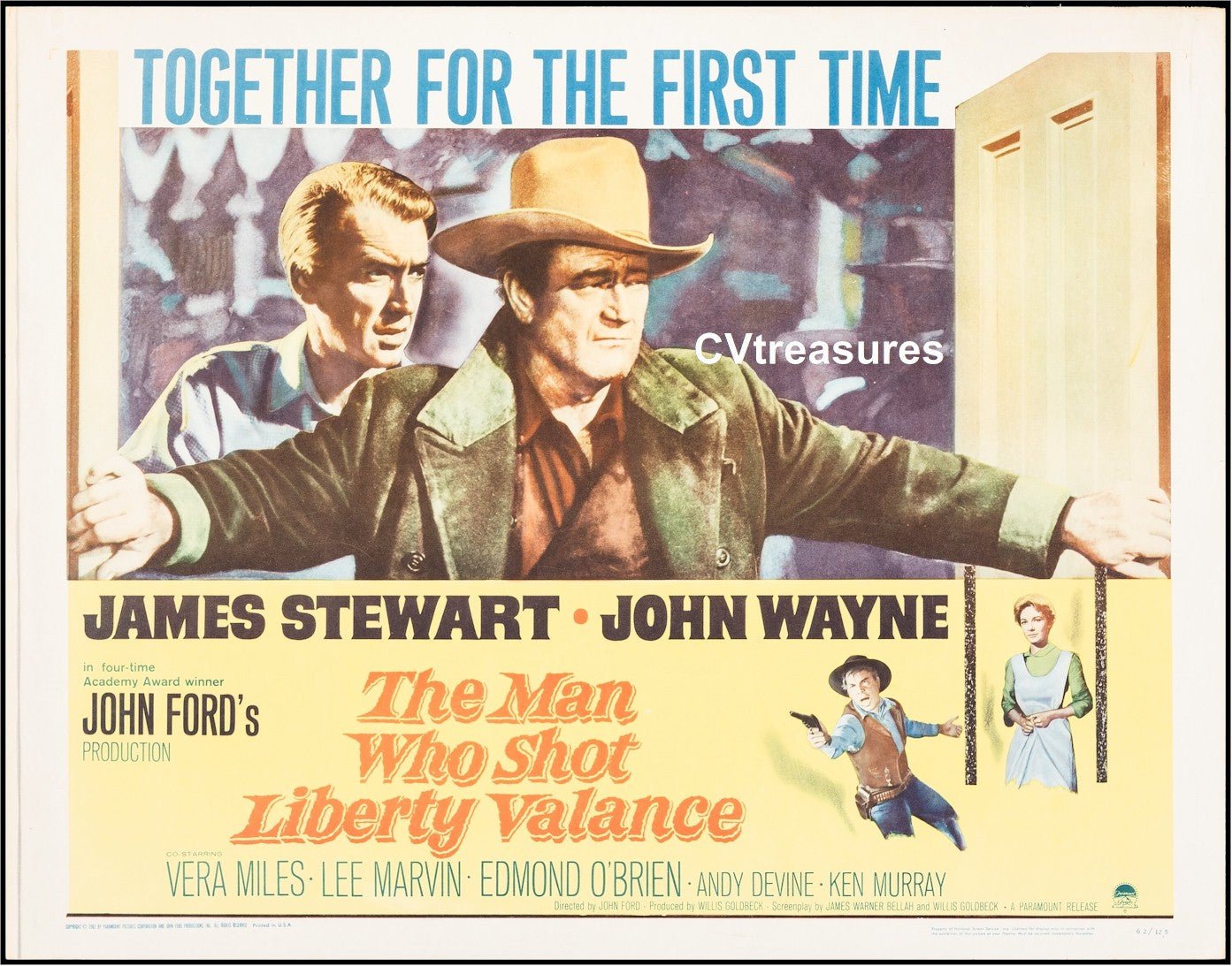 Man Who Shot Liberty Valance Original Authentic Vintage Half Sheet Movie Theater Poster John Wayne James Stewart