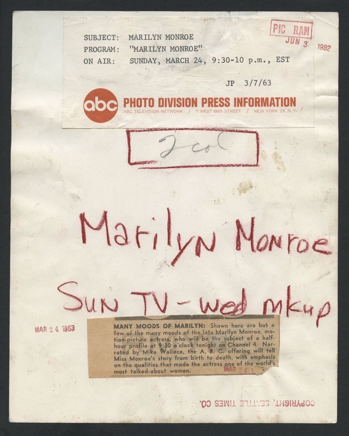 MARILYN MONROE Original Vintage ABC Special TYPE I Photo