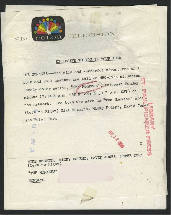 Monkees Original Vintage NBC Television Press Release photo