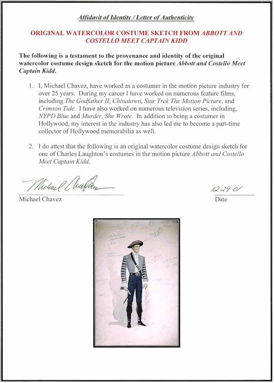 Original Vintage Movie Costume Artwork for Abbott and Costello Meet Captain Kid Guaranteed Authentic