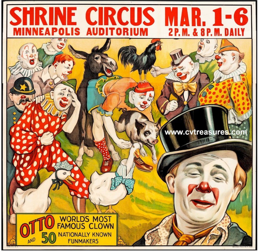 Shrine Original Vintage Circus Poster Otto the Clown 1935 Guaranteed Authentic Original six sheet