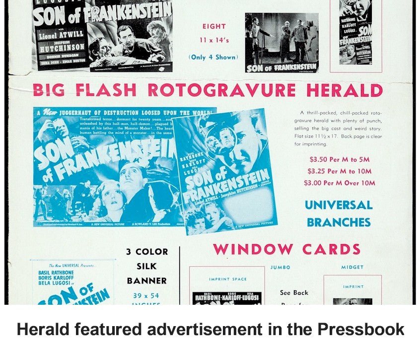 Son of Frankenstein Original Authentic Vintage Movie Theater Herald Boris Karloff Basil Rathbone Bela Lugosi 1939