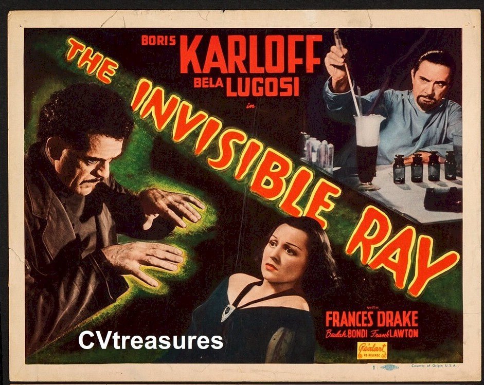 THE INVISIBLE RAY Horror Movie Poster Title Lobby Card Boris Karloff Bela Lugosi