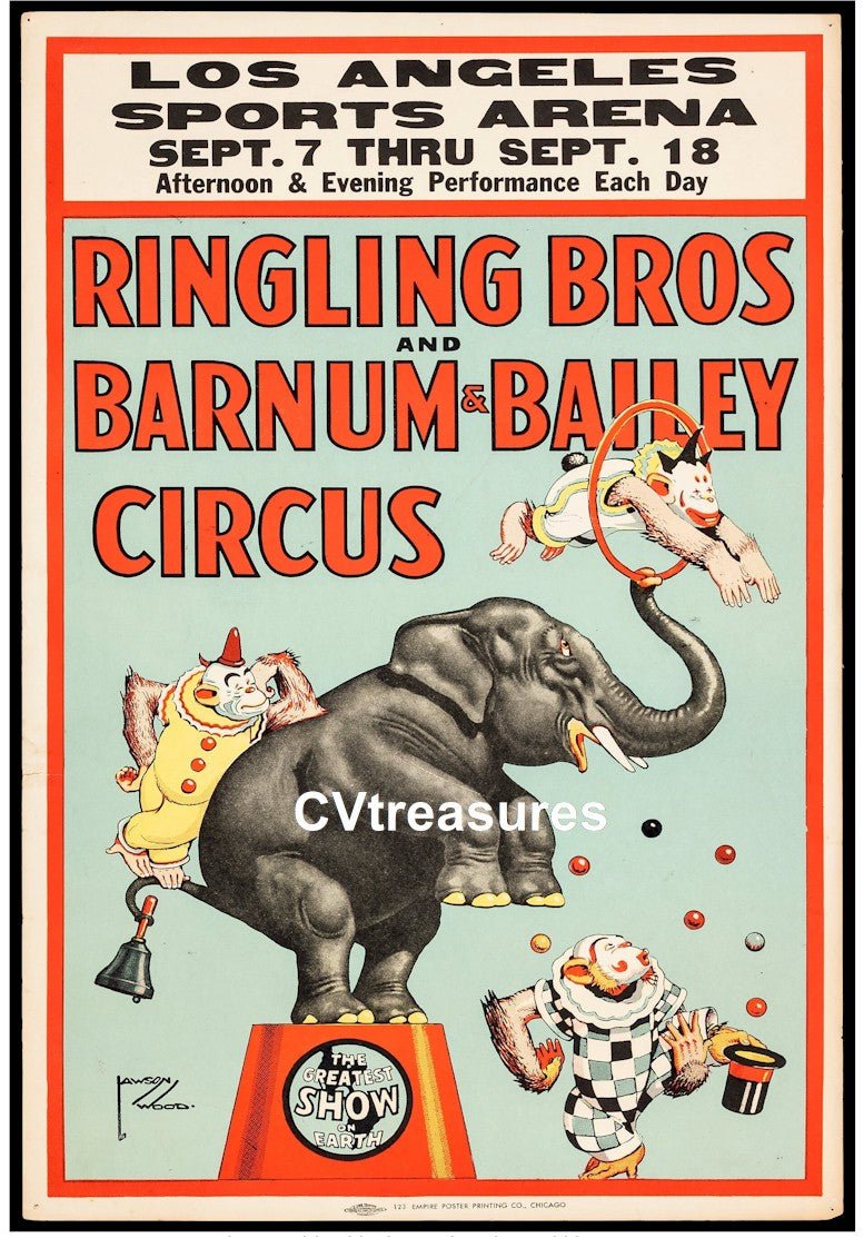 Vintage Circus Poster ELEPHANT Ringling Brothers Barnum Bailey Lawson Wood artwork 1944