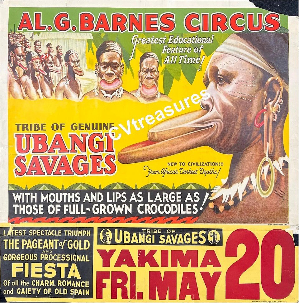 Vintage Circus Poster Ringling Brothers Barnum Bailey Human Oddities Ubangi Savages One Sheet w/Rare Date Tail Hap Hadley