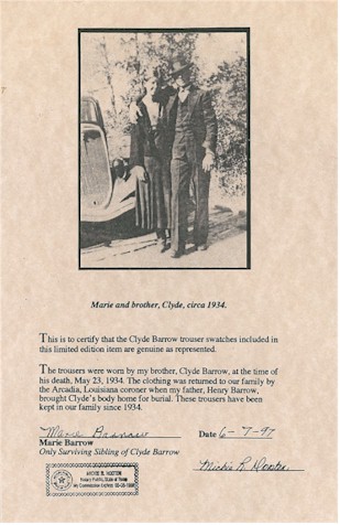 Bonnie & Clyde Memorabilia Clyde Barrow death pants belt loop - Click Image to Close