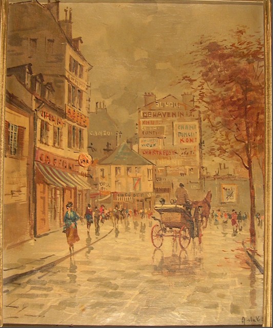 French Street Scene Vintage Oil Painting Canvas 1910-20 - Click Image to Close