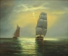 P. Toft "Ships on Moonlit Ocean" Oil Painting Early-20th Century