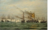 BATTLE SCENE w. DANISH SHIPS 1894 Art Oil Painting