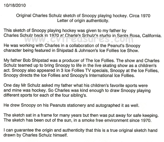 Charles Schulz Autographed Sketch of Snoopy Playing Hockey - Click Image to Close