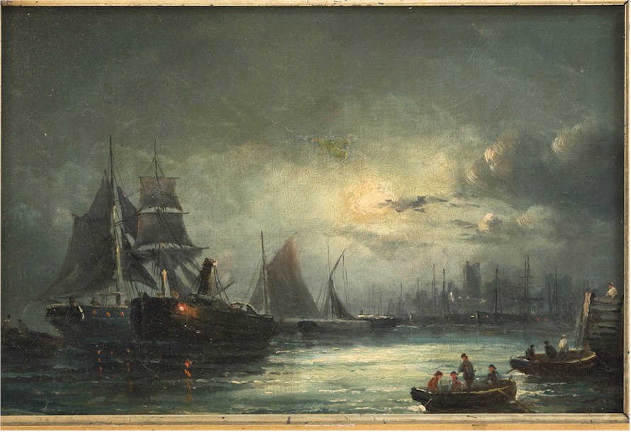Marine Moonlit Harbor Scene Antique Oil Painting CONTINENTAL sch - Click Image to Close