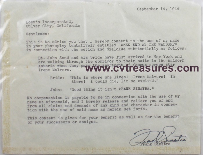 Frank Sinatra Autographed Signed Contract 1944 JSA Cerified - Click Image to Close