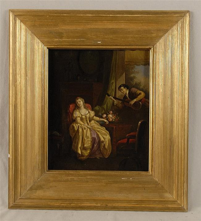 Continental School "Lady Being Serenaded" 19th century painting - Click Image to Close