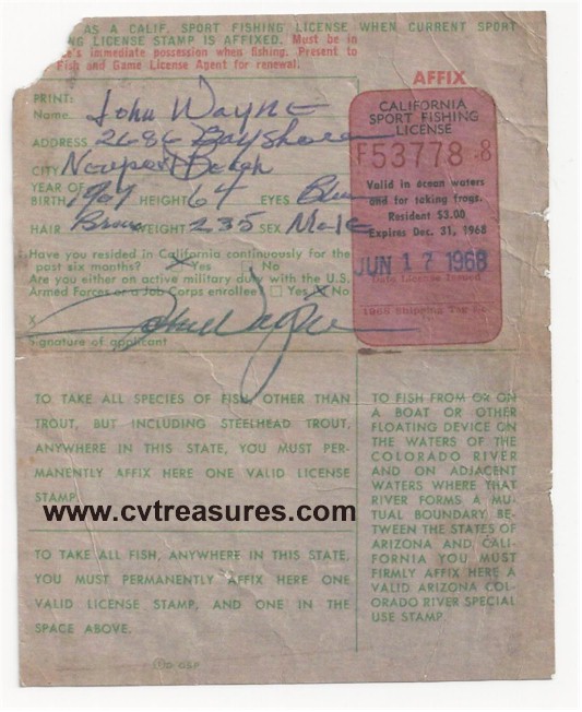 John Wayne Historic Autograph Signed Fishing License Autograph - Click Image to Close