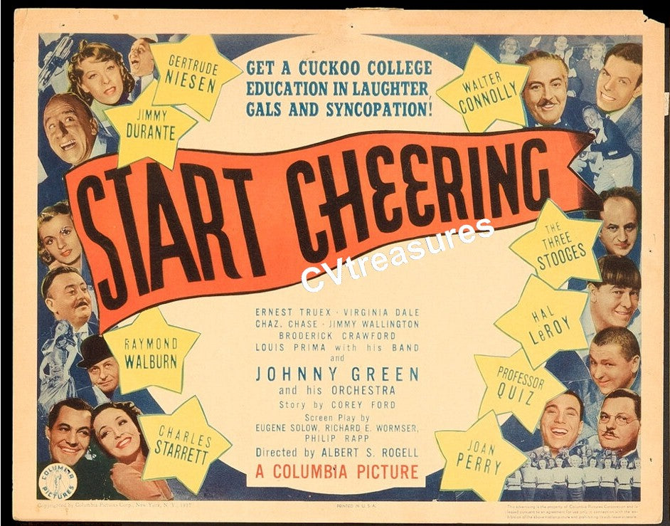 START CHEERING - THREE STOOGES Rare Original Authentic Vintage TITLE Lobby Card movie theater poster 1937 (Copy)