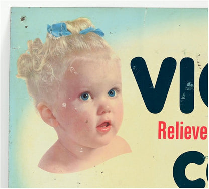 Vintage VICKS COLD RELIEF Young Girl Tin Lithograph Advertising Sign early 1950s