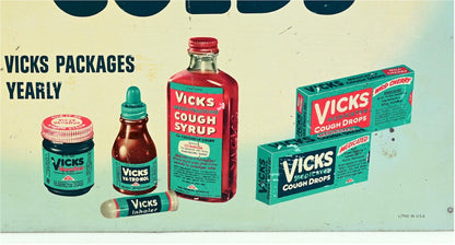 Vintage VICKS COLD RELIEF Young Girl Tin Lithograph Advertising Sign early 1950s