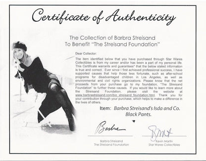 Barbara Streisand Owned and Worn Clothing black pants by Isda