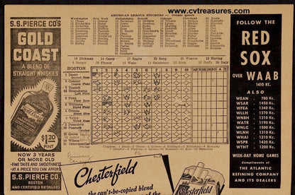 Boston Red Sox vs NY Yankess Original Vintage 1939 Scorecard