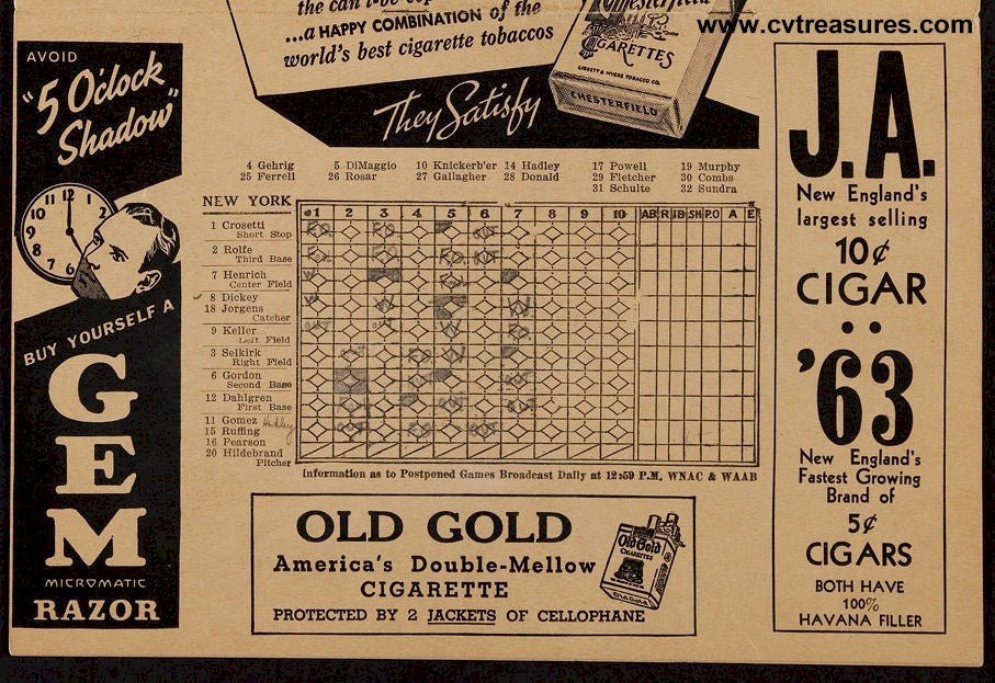 Boston Red Sox vs NY Yankess Original Vintage 1939 Scorecard
