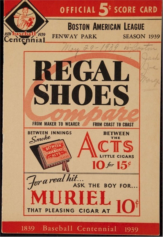 Boston Red Sox vs NY Yankess Original Vintage 1939 Scorecard