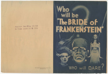 BRIDE OF FRANKENSTEIN Original Vintage Movie Herald Boris Karloff Elsa Lancheste 1935