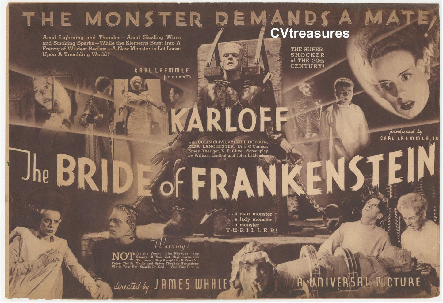 BRIDE OF FRANKENSTEIN Original Vintage Movie Herald Boris Karloff Elsa Lancheste 1935
