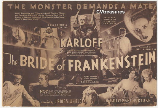 BRIDE OF FRANKENSTEIN Original Vintage Movie Herald Boris Karloff Elsa Lancheste 1935