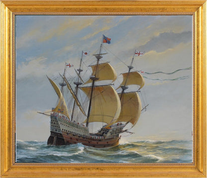 Vintage Nautical Art Charles J Lundgren Seascape Battleship Painting Oil on Canvas