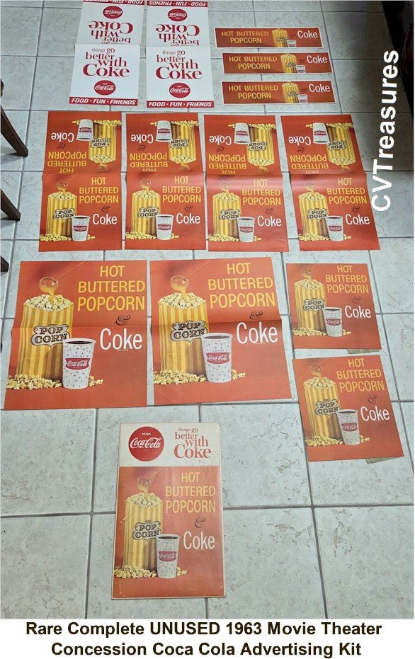 COCA-COLA Hot Buttered Popcorn Vintage Movie Theater Concession Advertising Kit Collection 60s Posters & Lobby displays