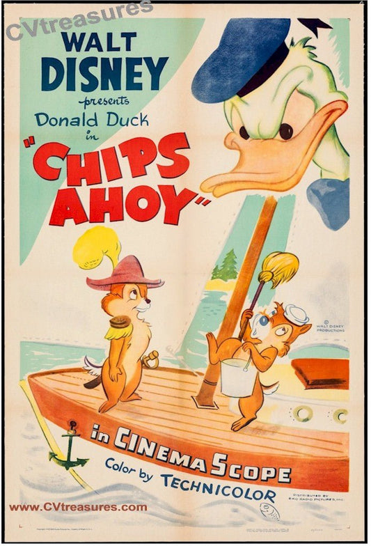 Disney Authentic Original CHIPS AHOY Vintage Movie Theater Poster one sheet Walt Disney Donald Duck Memorabilia 1955