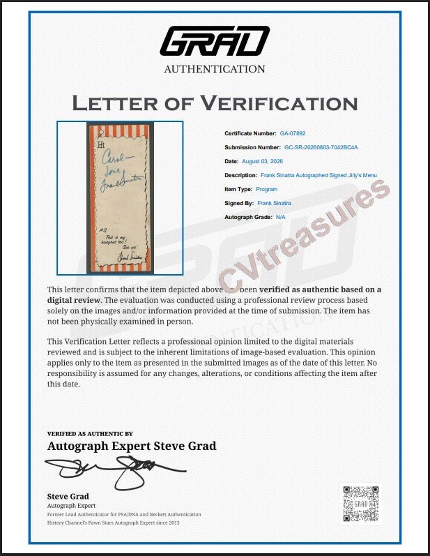 Frank Sinatra Authentic Signed Autograph Jilly's Menu - Guaranteed Authentic