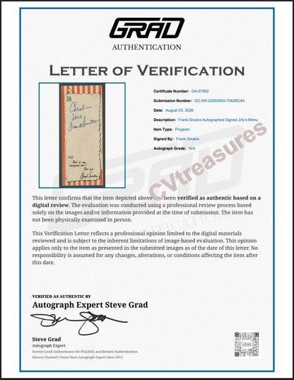 Frank Sinatra Authentic Signed Autograph Jilly's Menu - Guaranteed Authentic