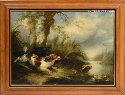 George Armfield Antique Vintage Oil Canvas Painting Hunting Bird Dog Canine Artwork authentic 