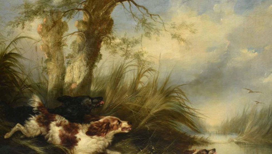 George Armfield Antique Vintage Oil Canvas Painting Hunting Bird Dog Canine Artwork authentic 1