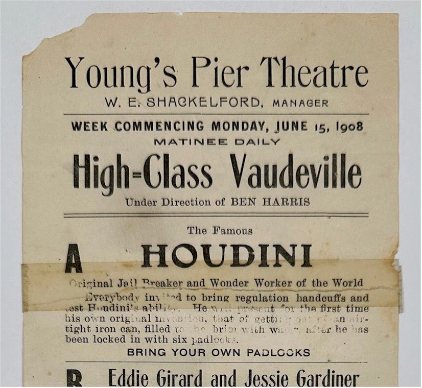 HARRY HOUDINI HANDBILL Rare Vintage Antique Poster Handbill Herald Young’s Pier Theatre in Atlanic City, NJ Magic Memorabilia 1908