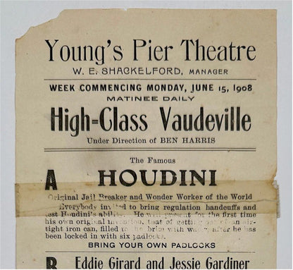 HARRY HOUDINI HANDBILL Rare Vintage Antique Poster Handbill Herald Young’s Pier Theatre in Atlanic City, NJ Magic Memorabilia 1908