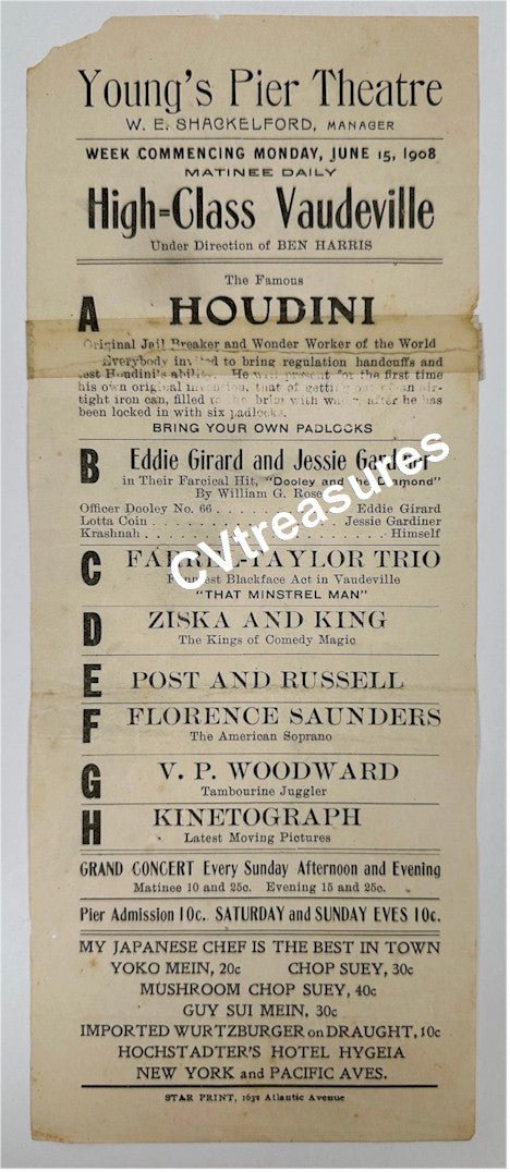 HARRY HOUDINI HANDBILL Rare Vintage Antique Poster Handbill Herald Young’s Pier Theatre in Atlanic City, NJ Magic Memorabilia 1908