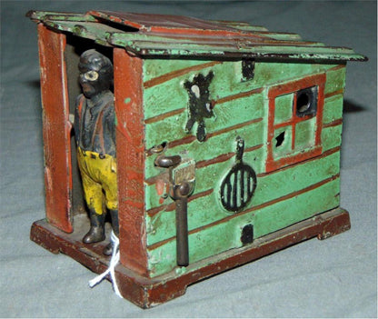 J & E Stevens Cast Iron Mechanical Cabin Antique Toy Bank, 1885