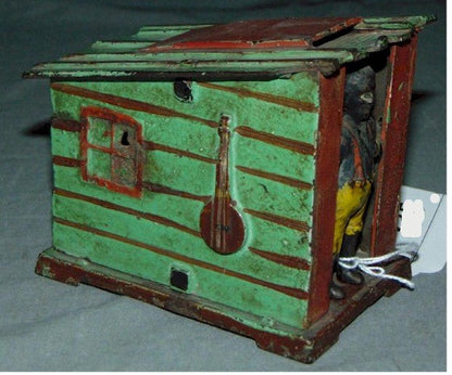 J & E Stevens Cast Iron Mechanical Cabin Antique Toy Bank, 1885