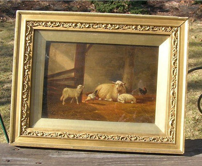 Jacob Van Dieghem Sheep Barn Animal Painting oil on board 1874