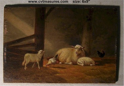 Jacob Van Dieghem Sheep Barn Animal Painting oil on board 1874