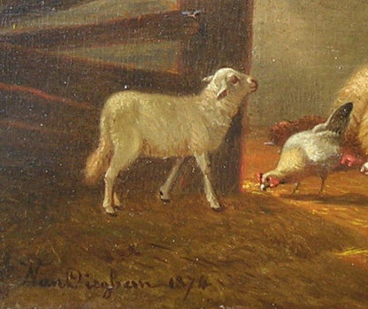 Jacob Van Dieghem Sheep Barn Animal Painting oil on board 1874
