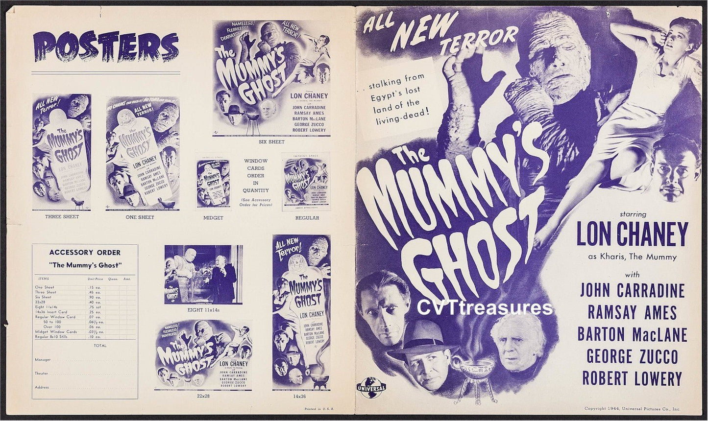 Mummy's Ghost Original Vintage Horror UNcut Movie Theater Pressbook Lon Chaney Jr. John Carradine