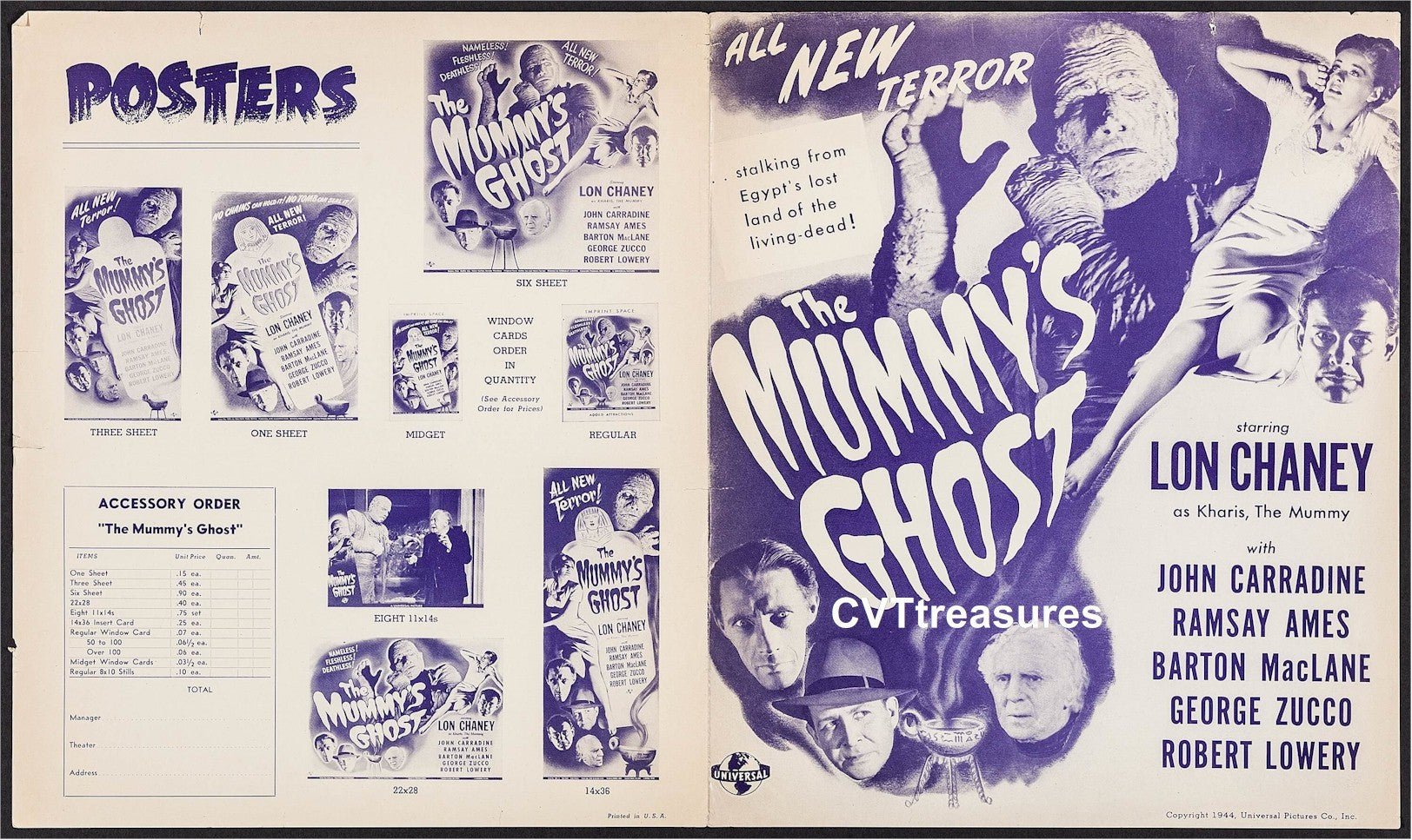 Mummy's Ghost Original Vintage Horror UNcut Movie Theater Pressbook Lon Chaney Jr. John Carradine